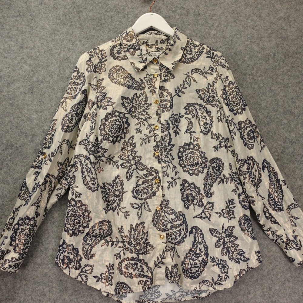 Paisley Button Up Shirt Womens 1X Navy Gold Iridescent Linen Glossy Charter Club
